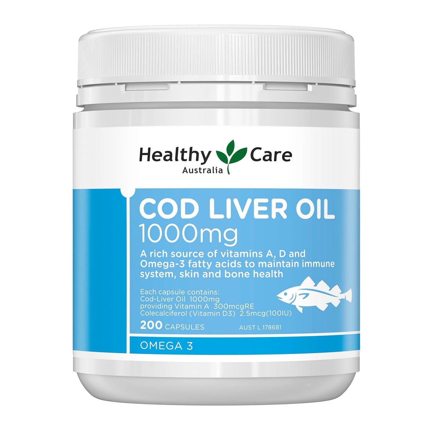 Healthy Care Cod Liver Oil Capsules - Supports Immune System, Bone & Skin Health - Premium Quality Dietary Supplement - 200 Capsules - 1000 mg